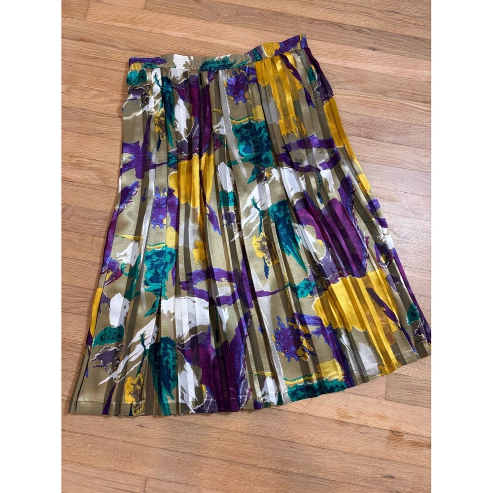 Vintage Vivanti Pleated Metallic Midi Skirt Abstract Floral Sheer USA Size L XL
